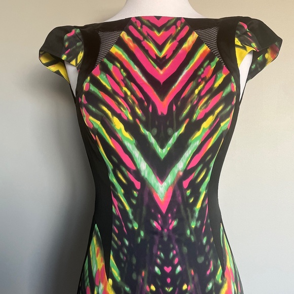 Karen Millen Multicolor Striped Neon Mesh Detail Cocktail Pencil Sheath Dress 2 - Picture 6 of 14